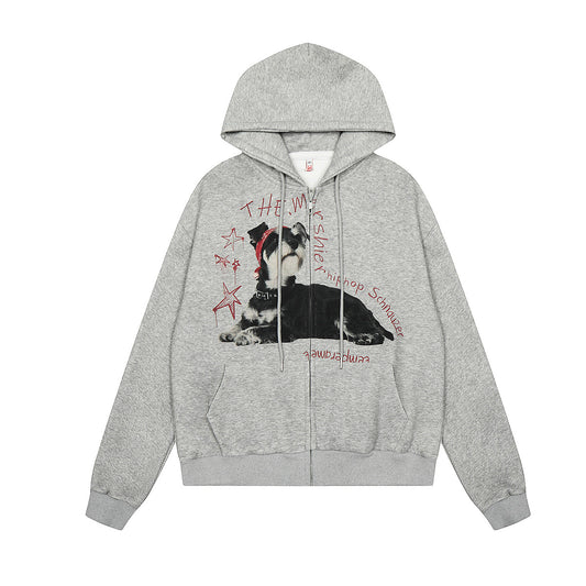 Dog Print Zipper Hoodie Gray