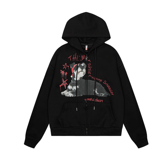 Dog Print Zipper Hoodie Black