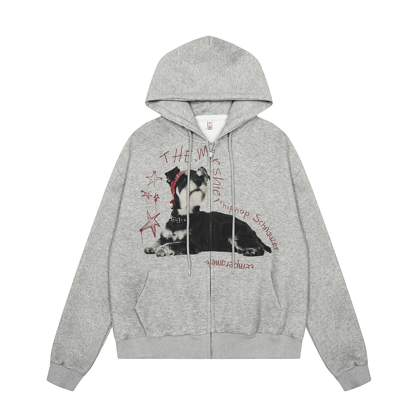 Dog Print Zipper Hoodie Gary Ties at Chin