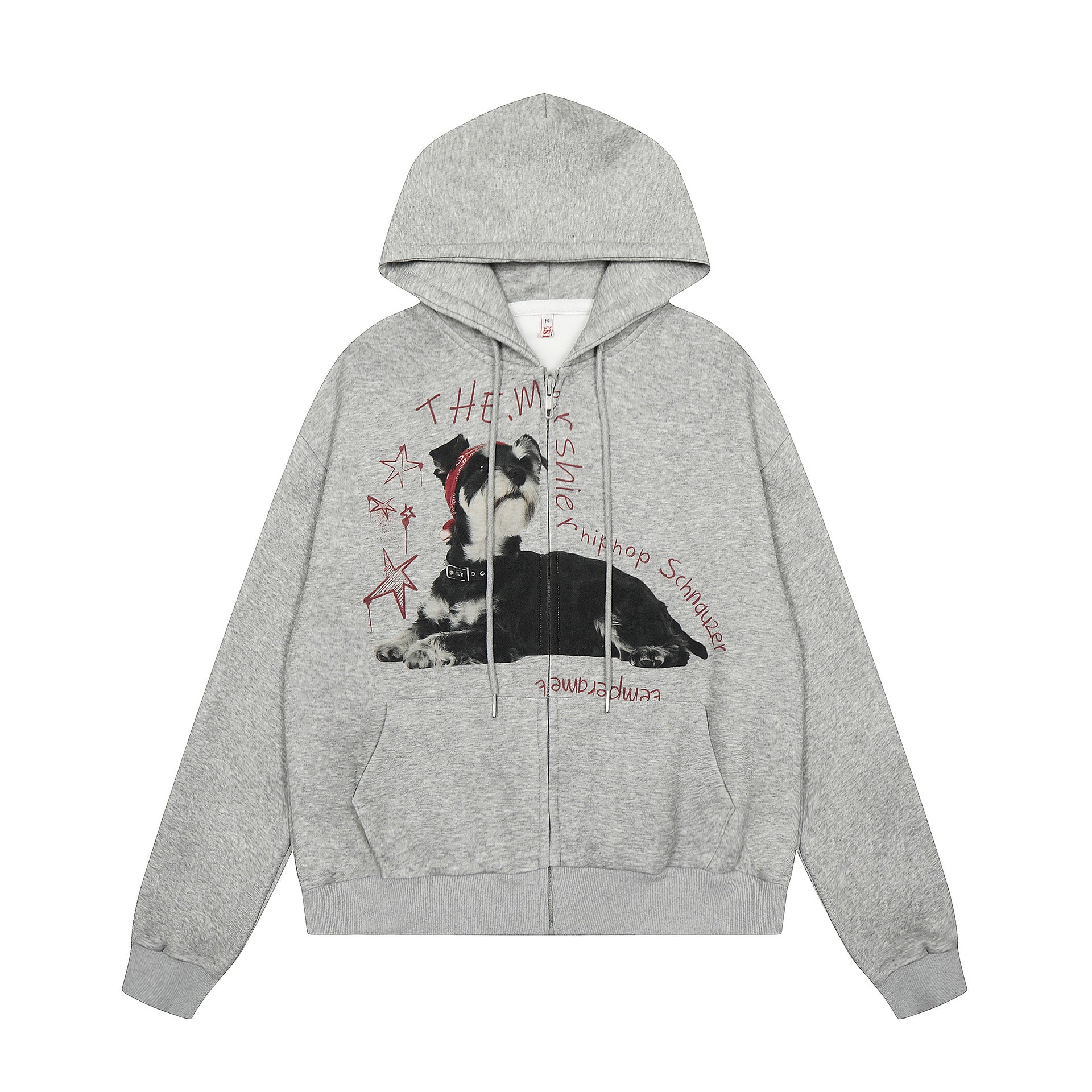 Dog Print Zipper Hoodie Gary Ties at Chin