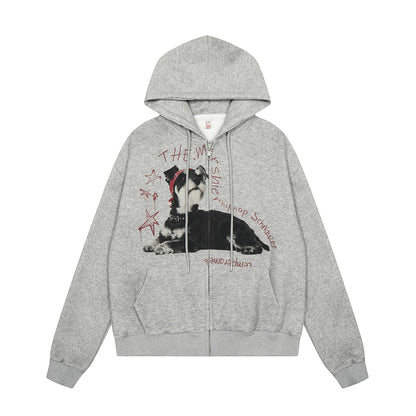 Dog Print Zipper Hoodie Gary Ties at Chin