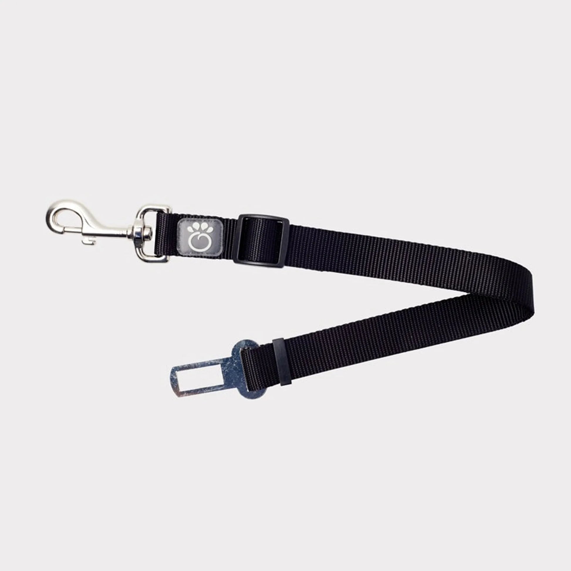 Black dog leash with metal clip on a light gray background