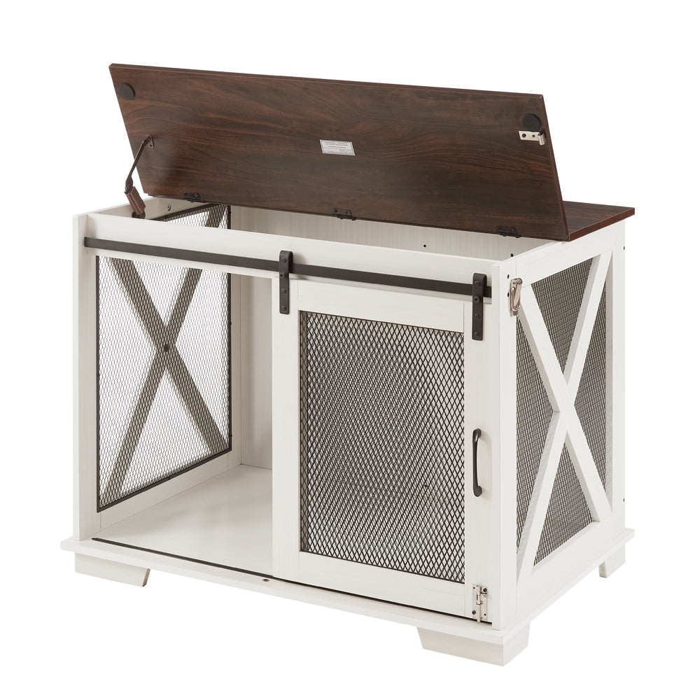 Farmhouse Dog Crate Furniture with Sliding Barn Door mesh sides