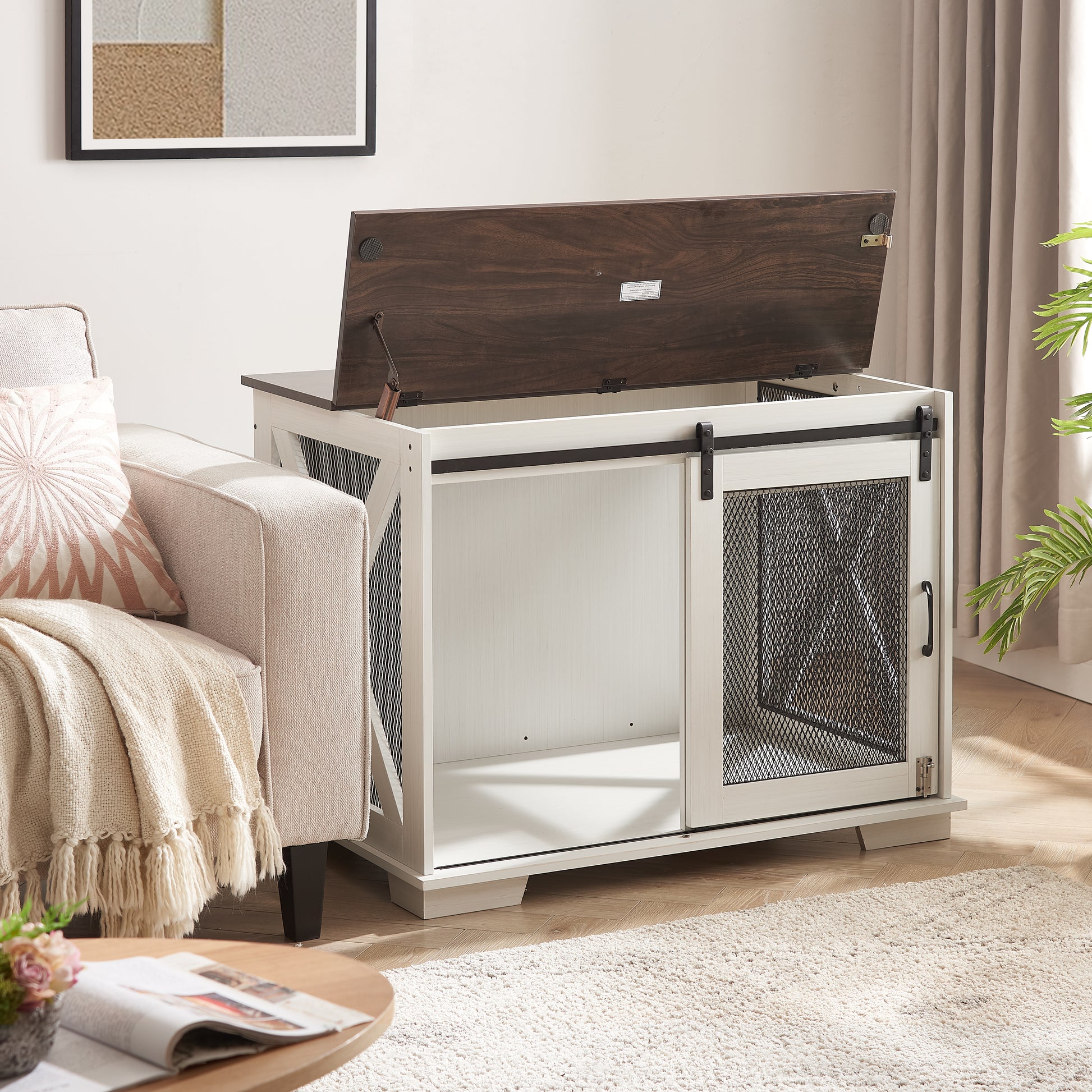Farmhouse Dog Crate Furniture with Top lid opening