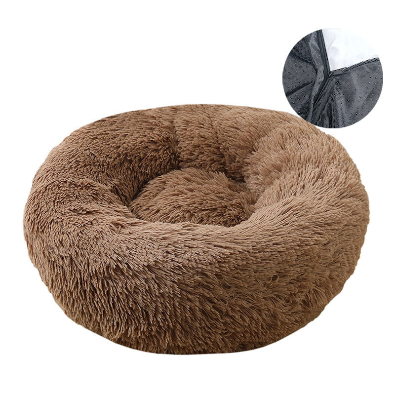 Washable Round Plush Dog Bed and Cat Bed with Removable Cover – Soft Warm Pet Bed Cushion for Small and Medium Pets Brown Color