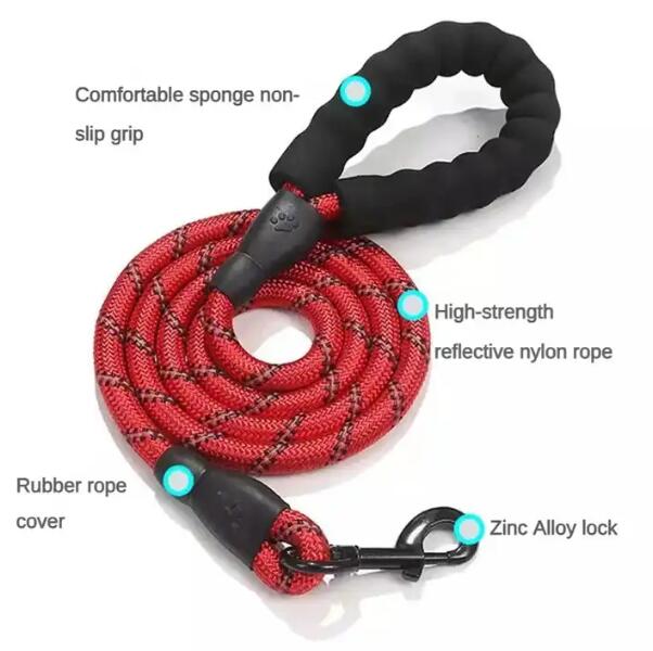 Comfort Grip Foam Handle Dog Leash with Round Nylon Rope red
