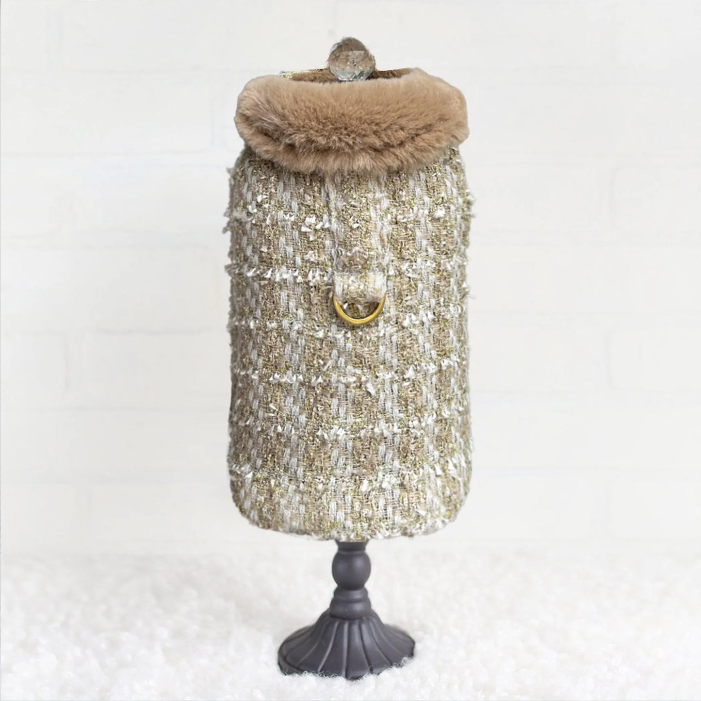 Decorative dog coat with a fur collar on a white background