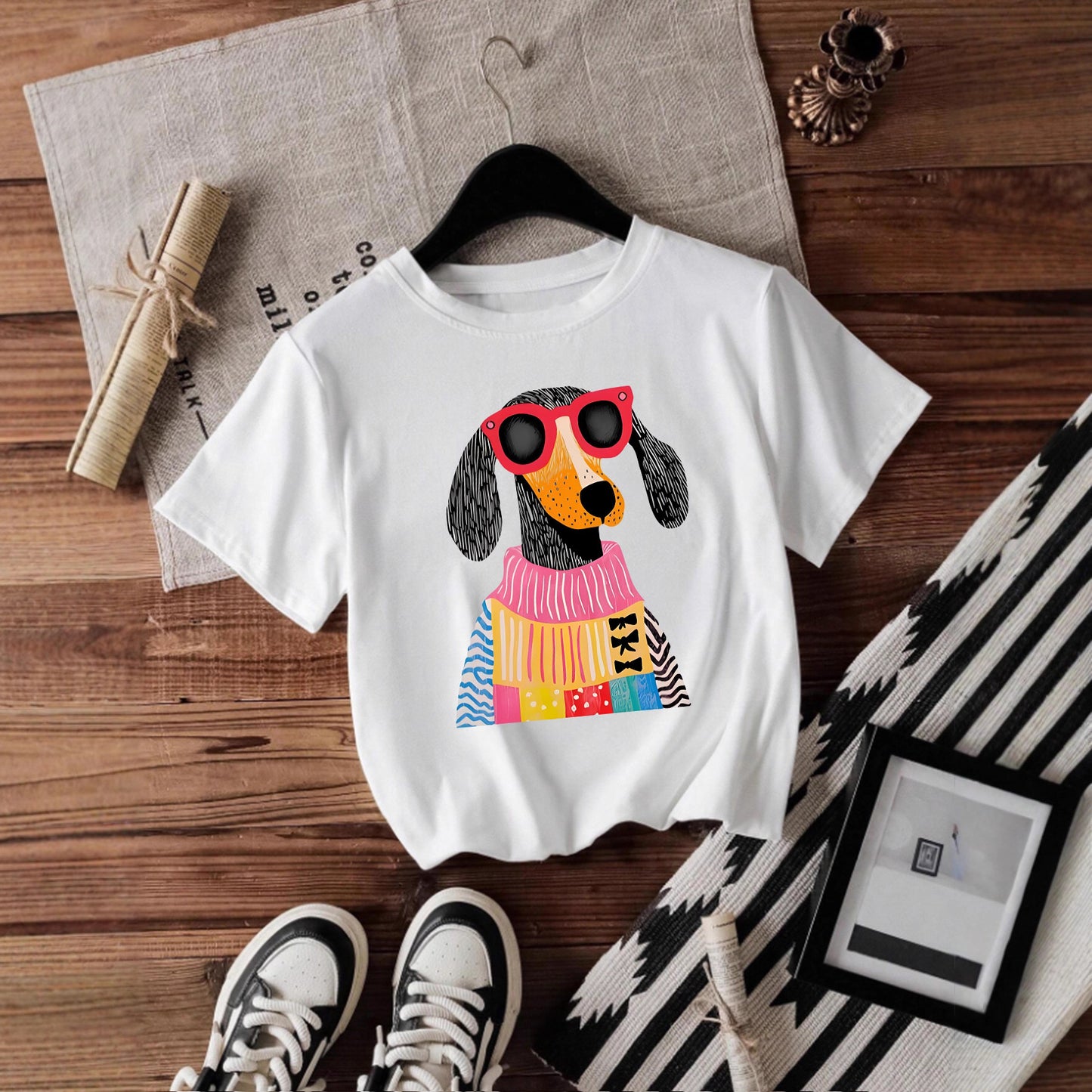 Dog Short Sleeved Female Pullover Shirt White