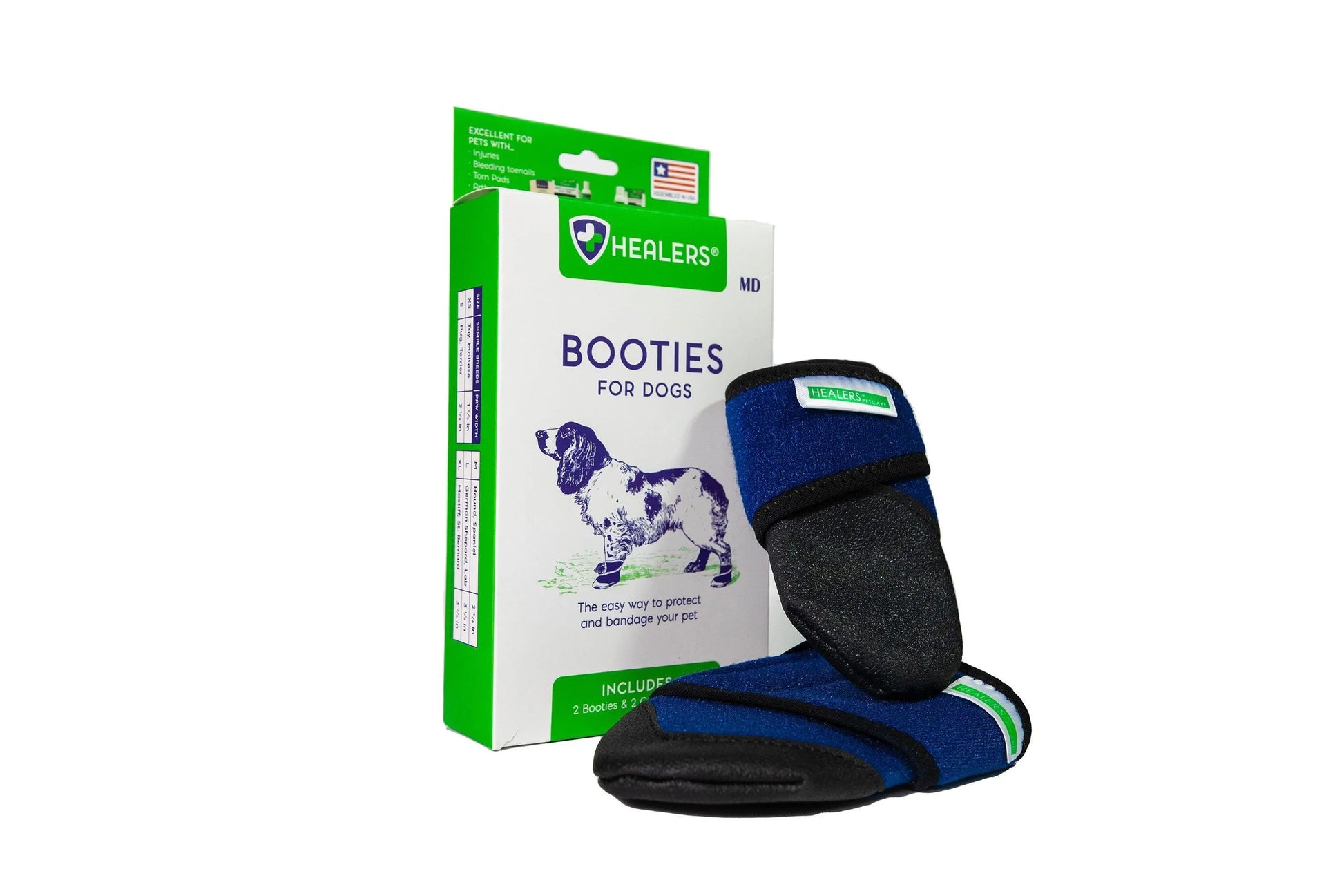 Dog booties with packaging on a white background