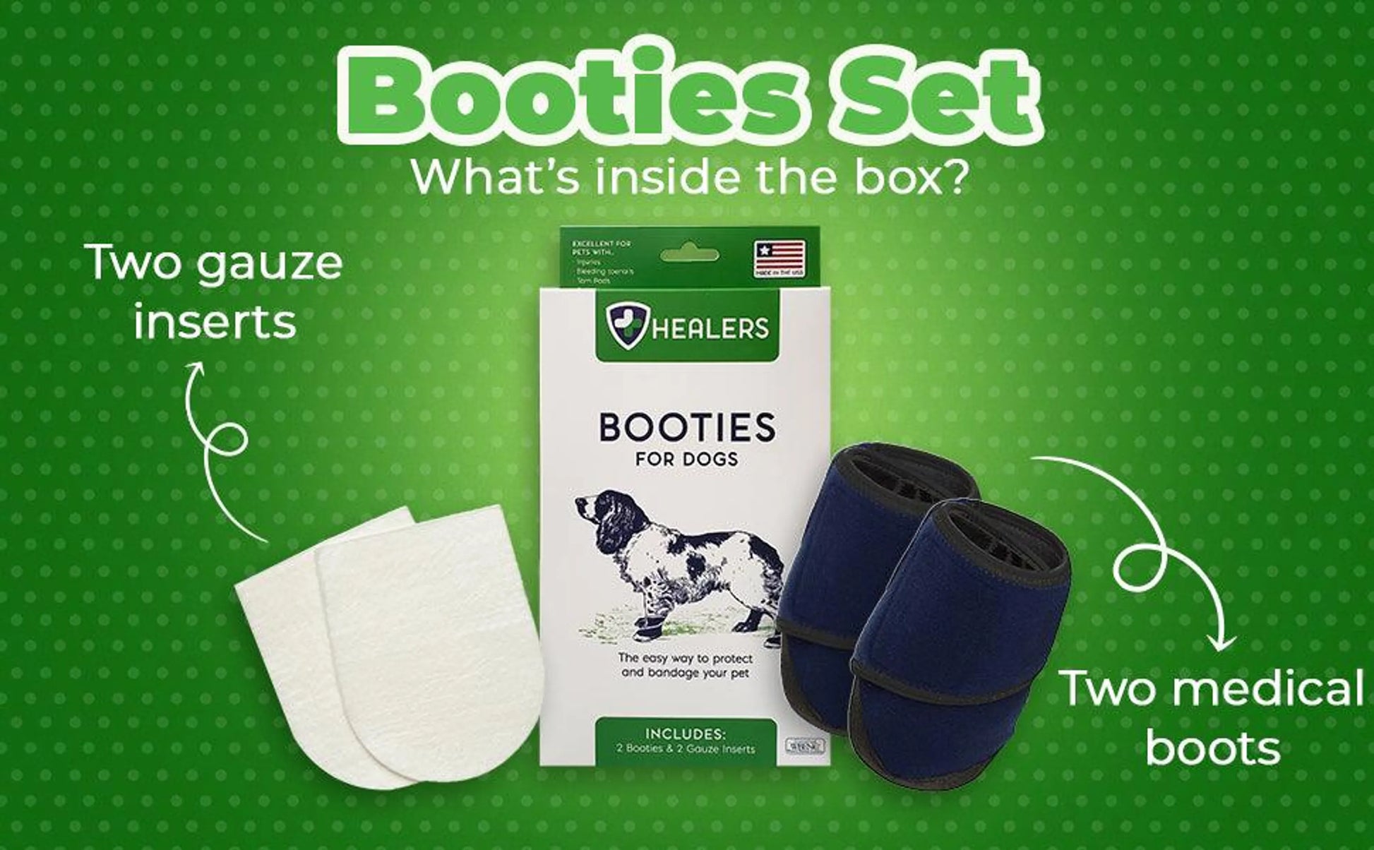 Healers Booties set with gauze inserts on a green background