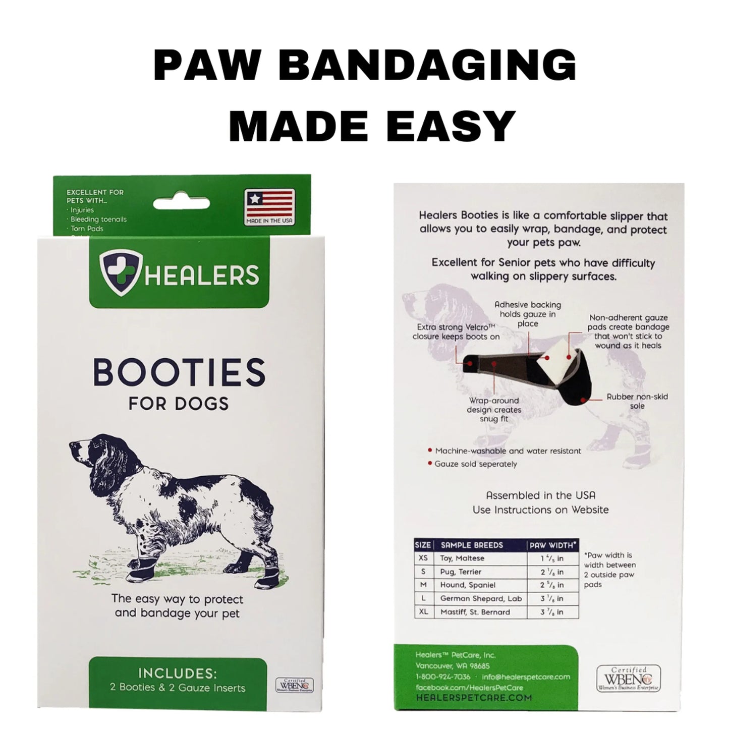 Healers Booties for Dogs packaging with product details on a white background
