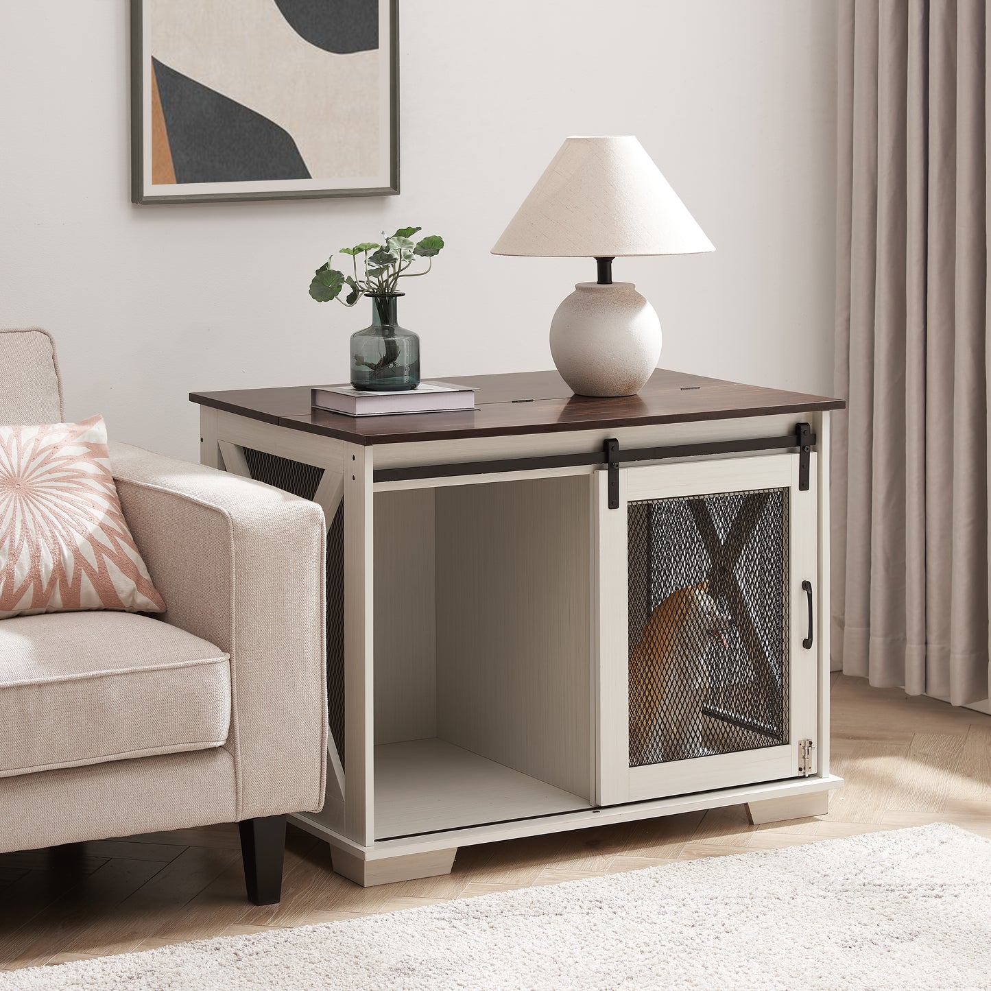 White Farmhouse Dog Crate Furniture with Sliding Barn Door,
