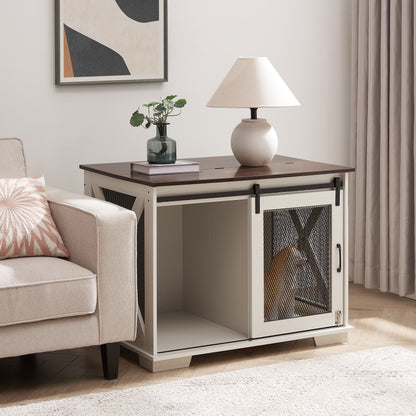 White Farmhouse Dog Crate Furniture with Sliding Barn Door,
