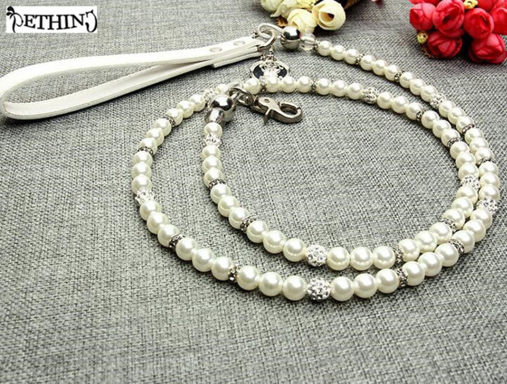 ETHIN White Imitation Pearls diamond Pet Dog Chain Leash Walking Jogging Leads Leashes for Small Medium Size Dog Cat lead