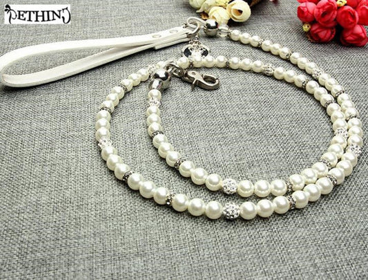 ETHIN White Imitation Pearls diamond Pet Dog Chain Leash Walking Jogging Leads Leashes for Small Medium Size Dog Cat lead