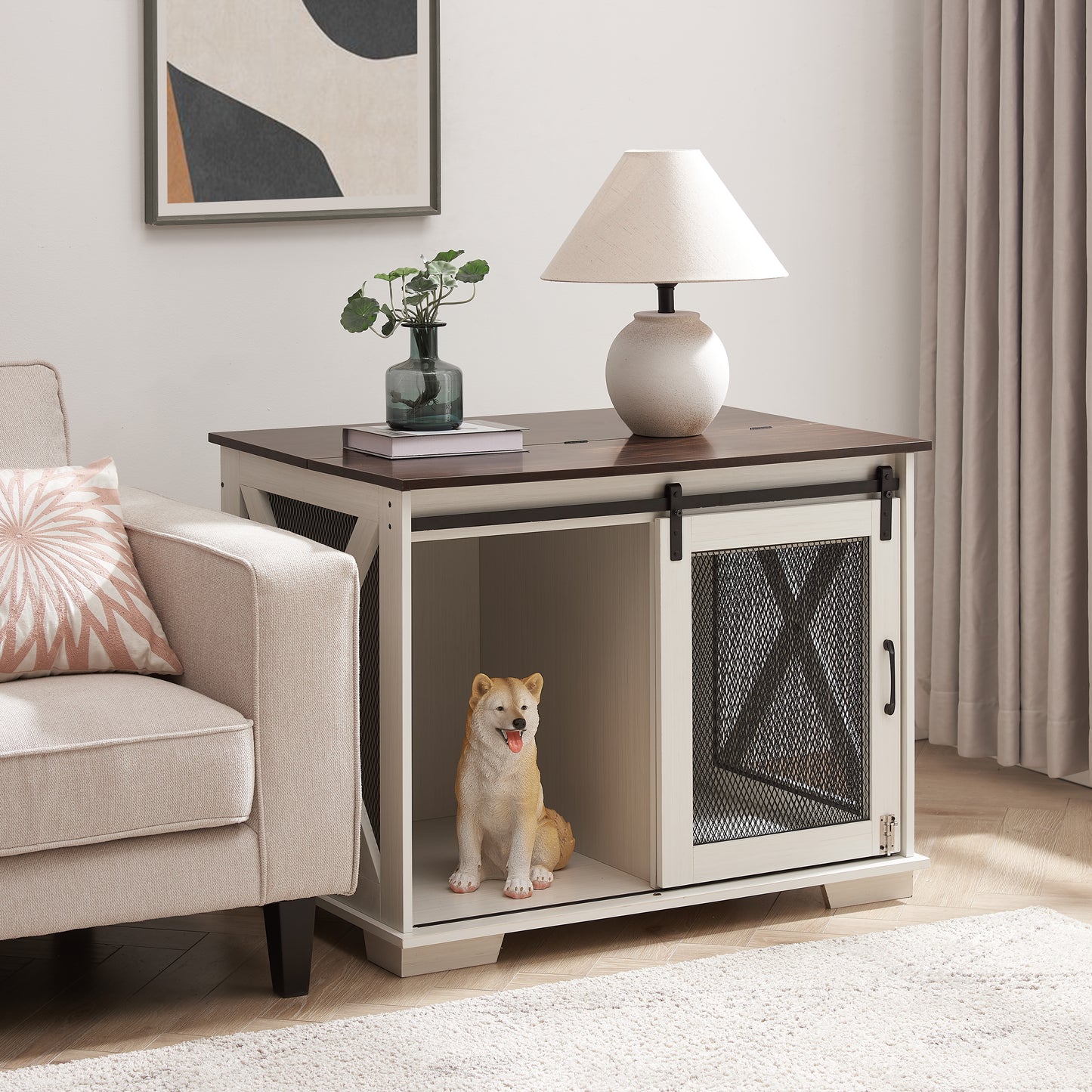 Farmhouse Dog Crate Furniture with Sliding Barn Door for small to medium dogs