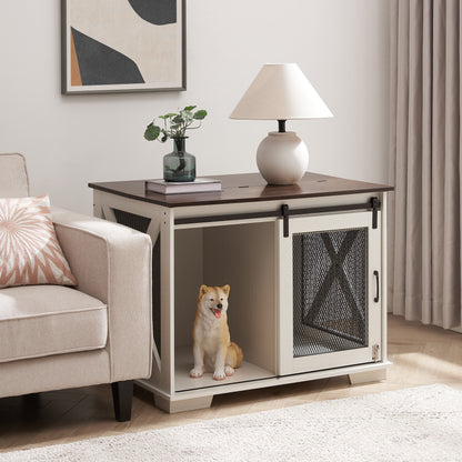 Farmhouse Dog Crate Furniture with Sliding Barn Door for small to medium dogs