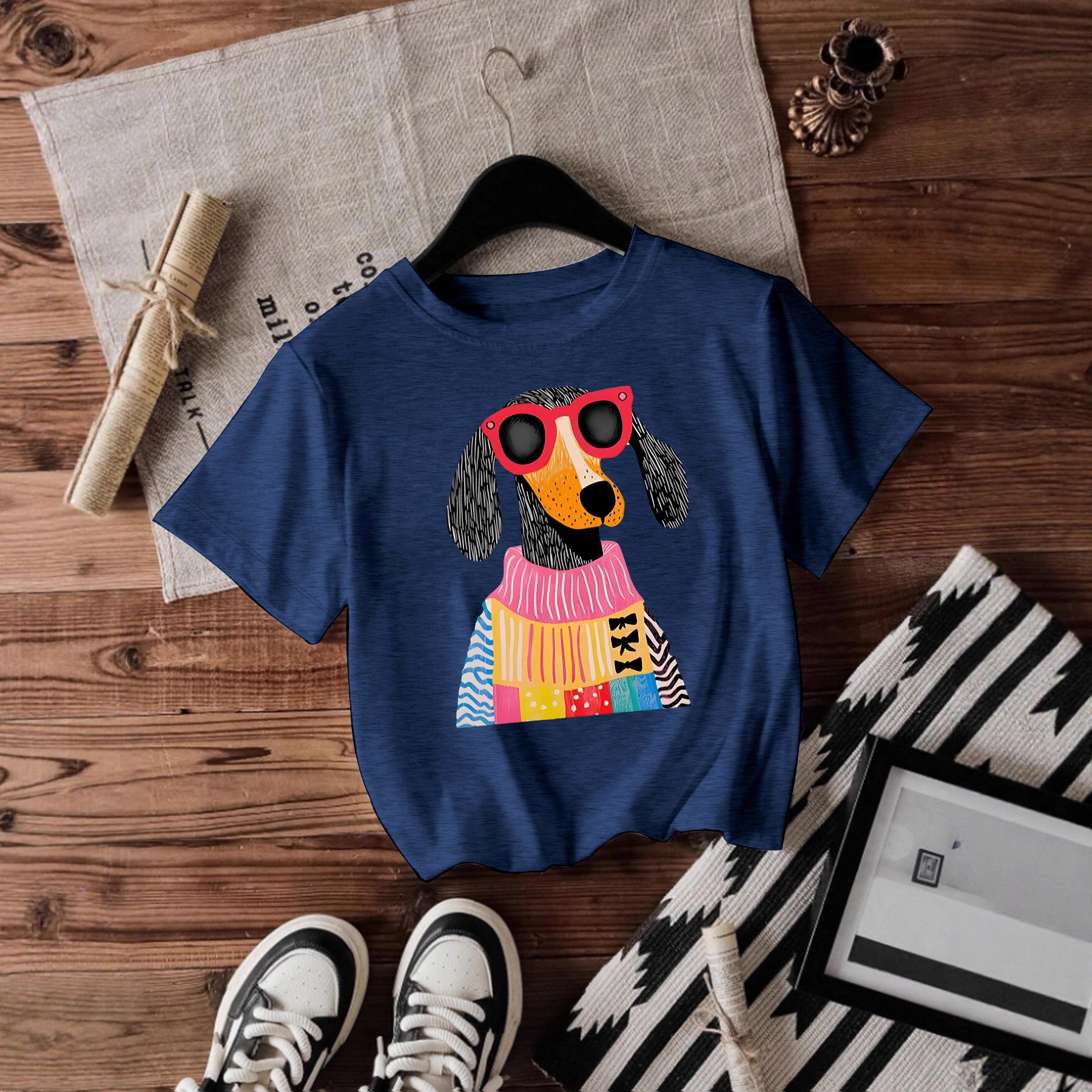 Dog Short Sleeved Female Pullover Shirt Blue