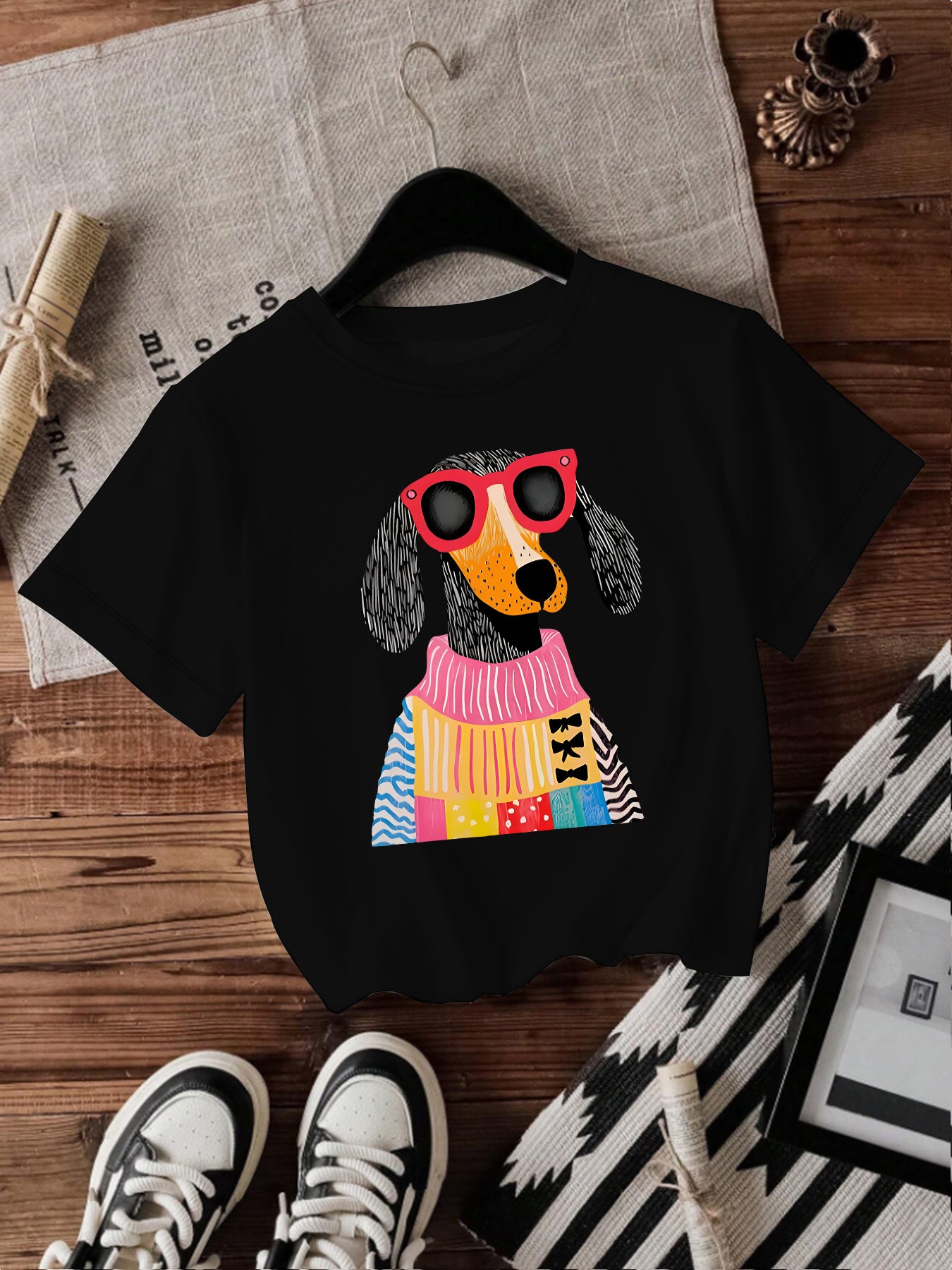Dog Short Sleeved Female Pullover Shirt Black