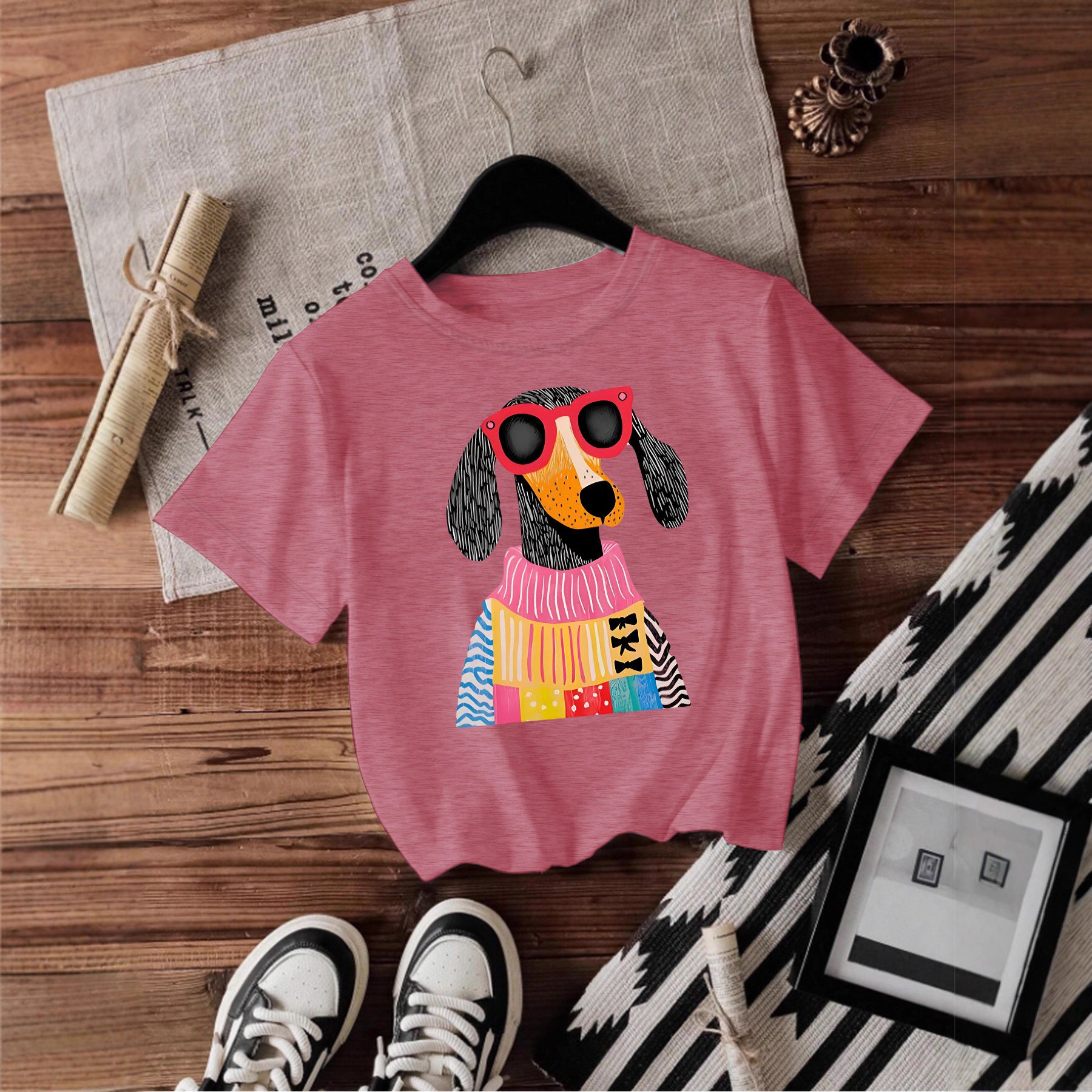 Dog Short Sleeved Female Pullover Shirt Pink