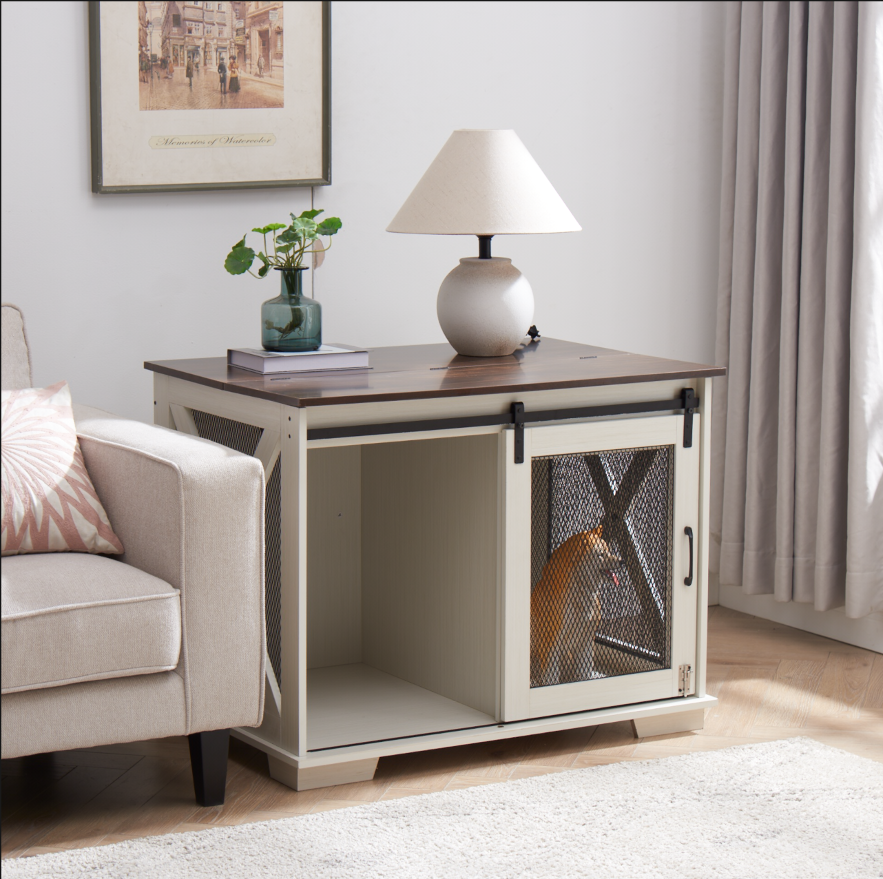 Farmhouse Dog Crate Furniture with Sliding Barn Door and storage