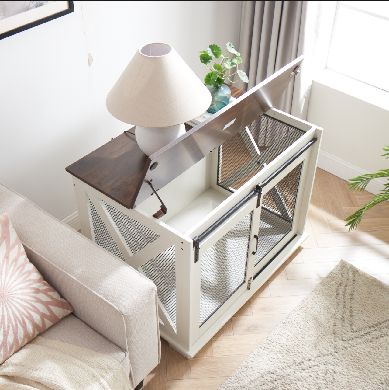  Dog Crate Furniture with Sliding Barn Door and top opening