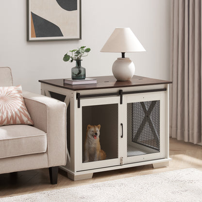 Farmhouse Dog Crate Furniture with three mesh sides