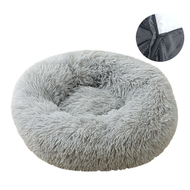 Washable Round Plush Dog Bed and Cat Bed with Removable Cover – Soft Warm Pet Bed Cushion for Small and Medium Pets Light Gray