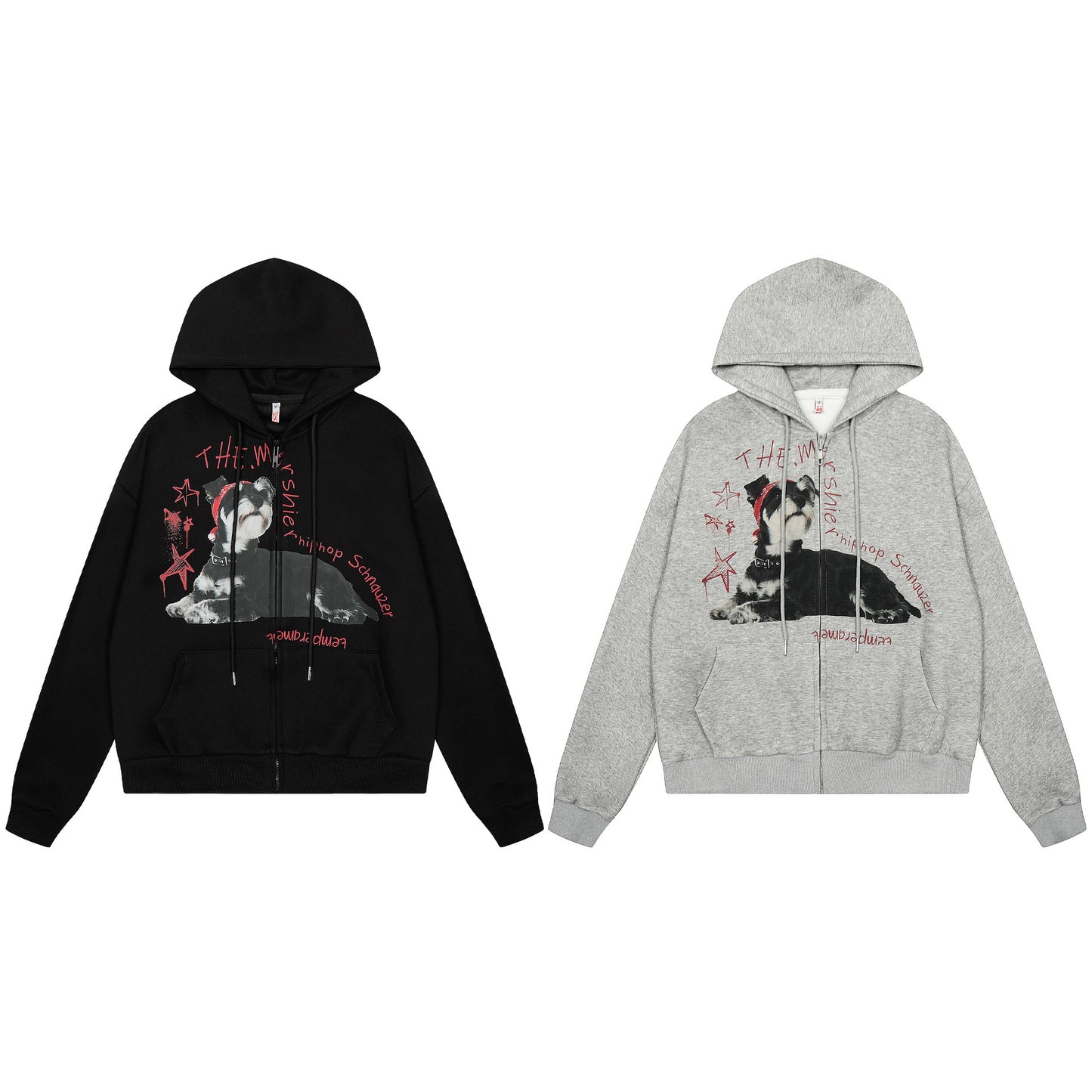 Dog Print Zipper Hoodie Black or Gray