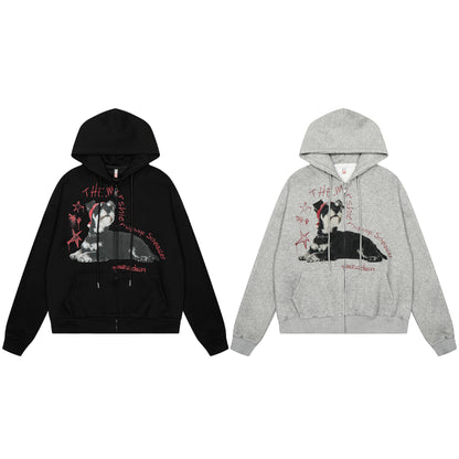 Dog Print Zipper Hoodie Black or Gray
