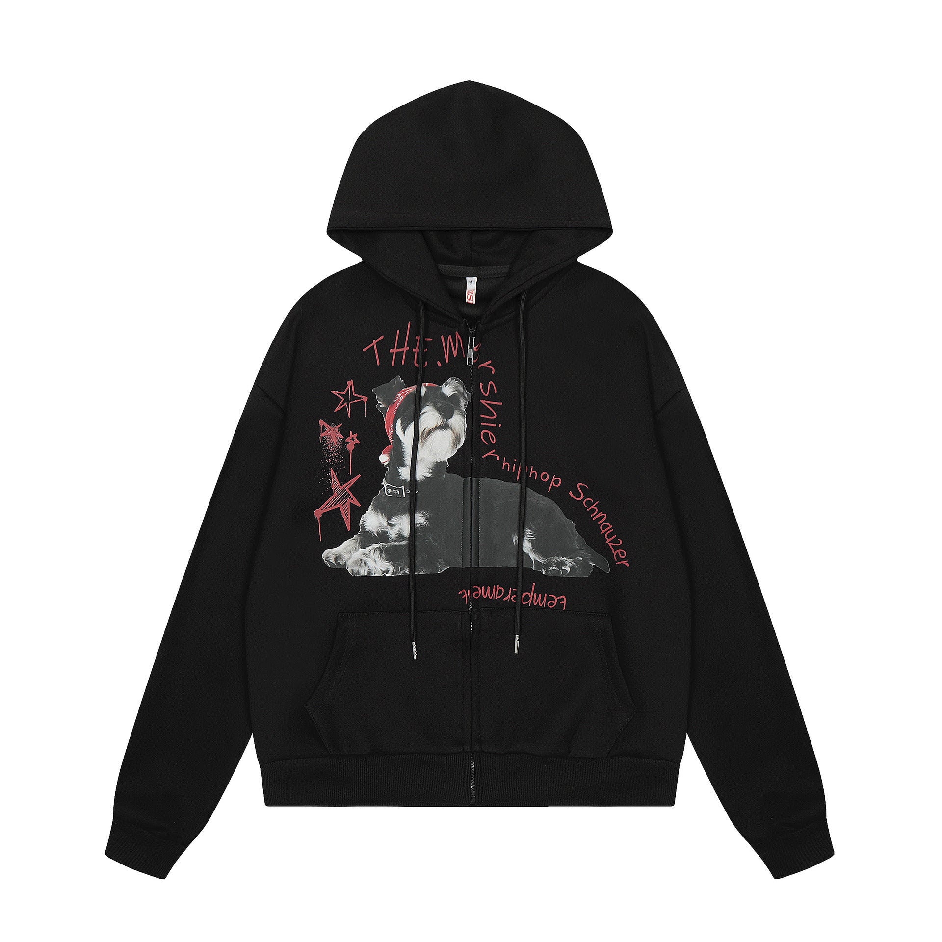 Dog Print Zipper Hoodie Black ties at Chin