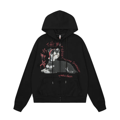 Dog Print Zipper Hoodie Black ties at Chin