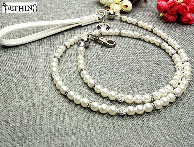 ETHIN White Imitation Pearls diamond Pet Dog Chain Leash Walking Jogging Leads Leashes for Small Medium Size Dog Cat lead