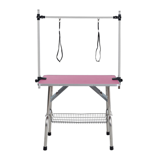 36" Folding Pet Grooming Table with Adjustable Arm – Pink