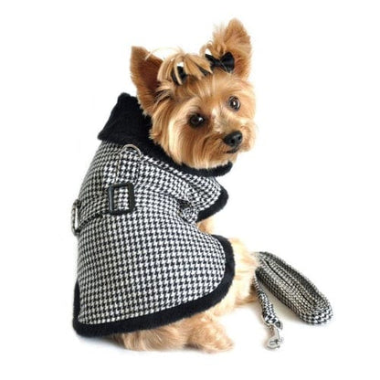 Black and White Classic Hounds Tooth Dog Harness Coat with Leash X-Small to 2X-Large