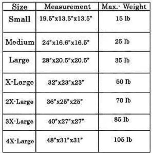 Zampa Pets Portable Crate - Sizing Chart