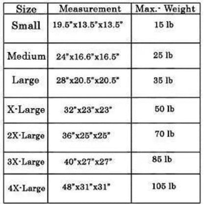 Zampa Pets Portable Crate - Sizing Chart