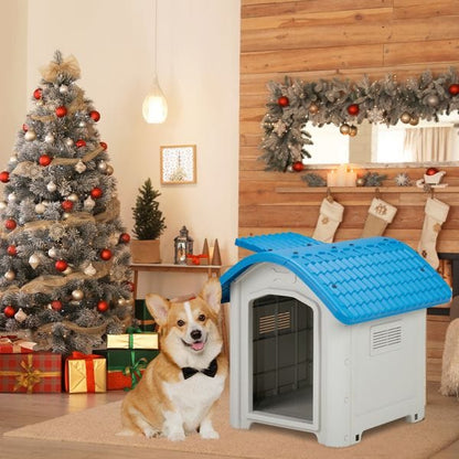 28 inch Raised Plastic Dog House, Outdoor Indoor Doghouse Pet House with Adjustable Sunroof and Elevated Base for Small Dogs, Blue & White Excellent gift