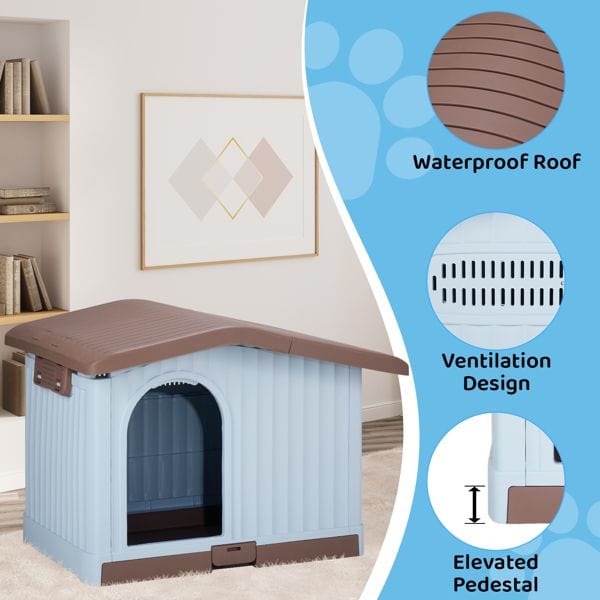 34 inch Large Plastic Dog House with Liftable Roof, Indoor Outdoor Doghouse Puppy Shelter with Detachable Base and Adjustable Bar Window, Brown & White Elevated Pedestal