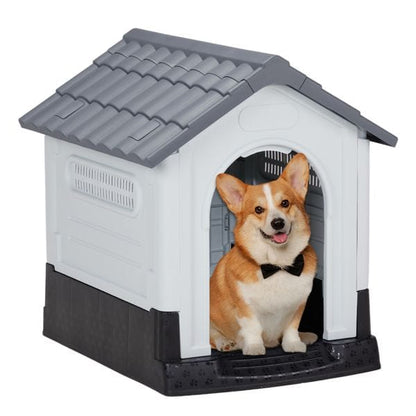 26 inch Plastic Dog House, Indoor Outdoor Doghouse Pet House with Air Vents and Elevated Floor, Insulated Water Resistant Puppy Shelter Kennel for Small Dogs, Gray & White Picture with Dog