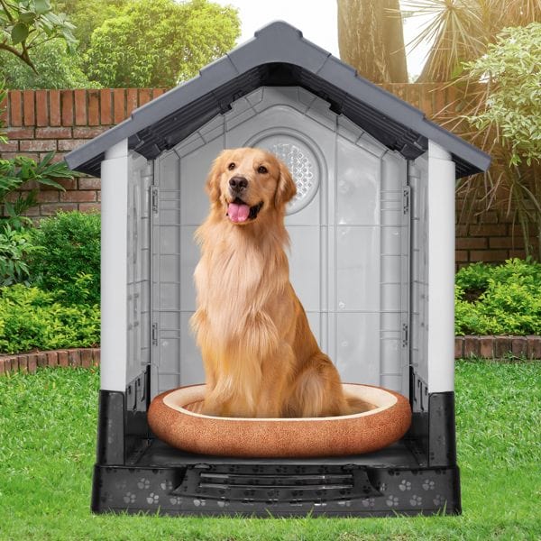 33 inch Large Plastic Dog House, Indoor Outdoor Doghouse Pet House with Air Vents and Elevated Floor, Insulated Water Resistant Puppy Shelter Kennel, Gray & White Elevated Pedestel