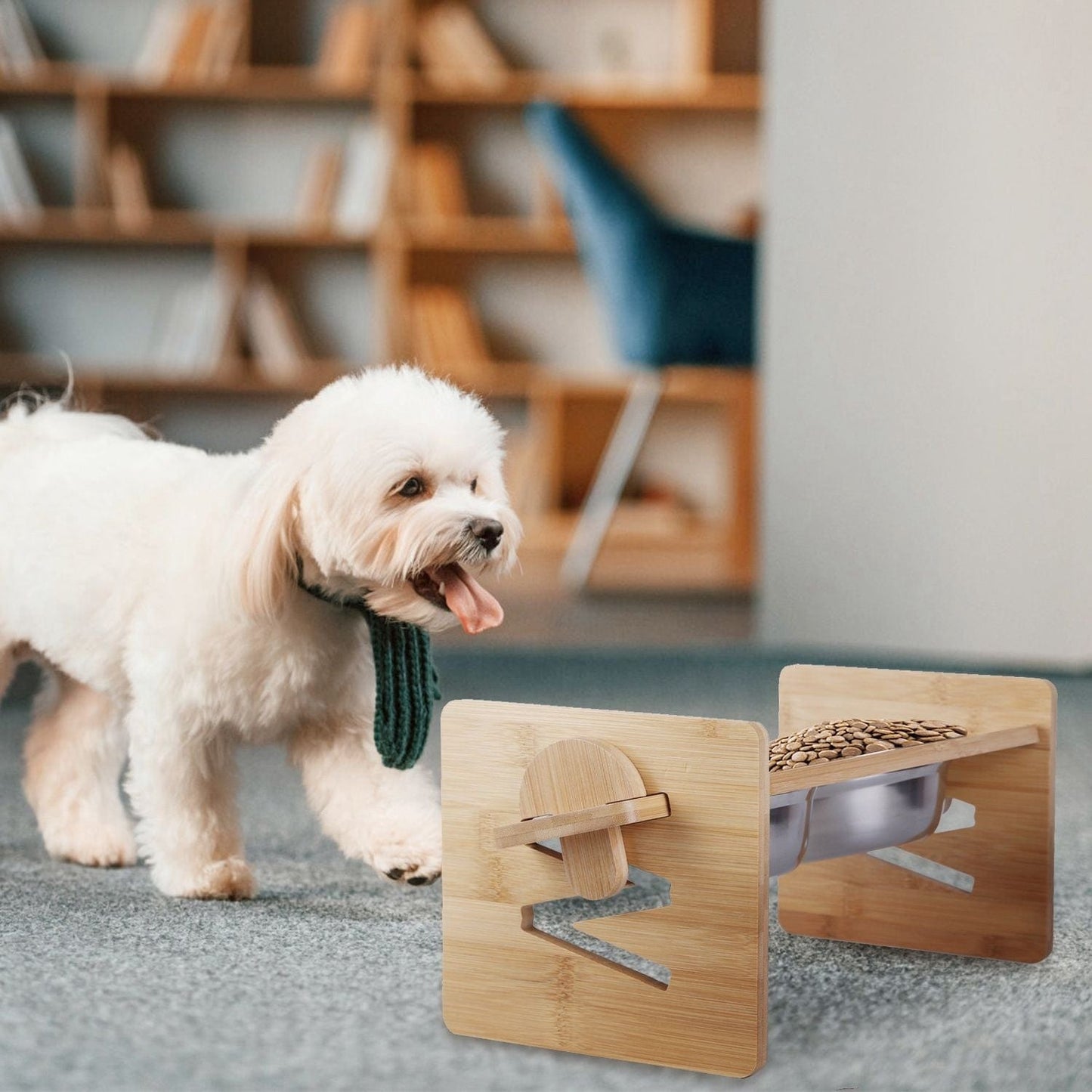 Bamboo Double Dog Raised Bowls 15 Degree Tilt Elevated Dog Bowls with 4 Adjustable Heights 2 Stainless Steel Bowls Pet Feeder for Dogs Cats Rabbits Back view