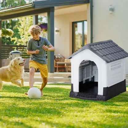 33 inch Large Plastic Dog House, Indoor Outdoor Doghouse Pet House with Air Vents and Elevated Floor, Insulated Water Resistant Puppy Shelter Kennel, Gray & White Outdoor View