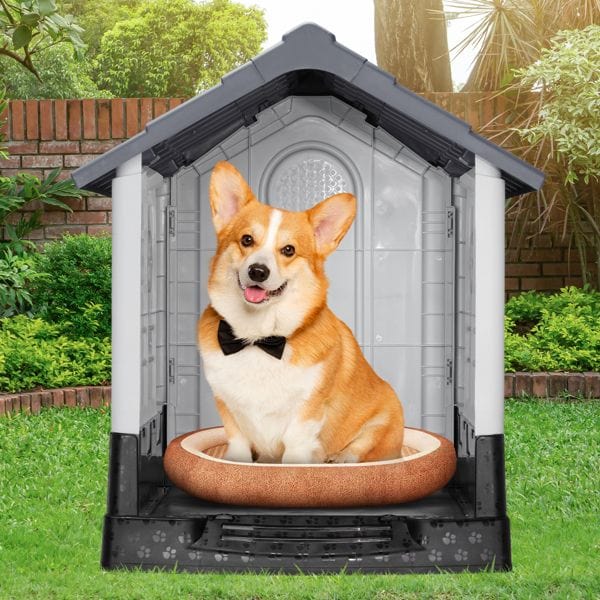 26 inch Plastic Dog House, Indoor Outdoor Doghouse Pet House with Air Vents and Elevated Floor, Insulated Water Resistant Puppy Shelter Kennel for Small Dogs, Gray & White Ventilation Design