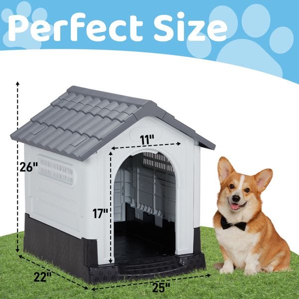 26 inch Plastic Dog House, Indoor Outdoor Doghouse Pet House with Air Vents and Elevated Floor, Insulated Water Resistant Puppy Shelter Kennel for Small Dogs, Gray & White Dimensions