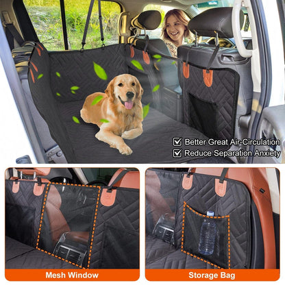 Dog Car Seat Cover For Back Seat Waterproof Oxford Cloth Seat Cover Hammock Non-Slip Scratchproof Back Seat Extender with Side Flap Mesh Window Storage Bag For Car SUV Truck Showing Storage