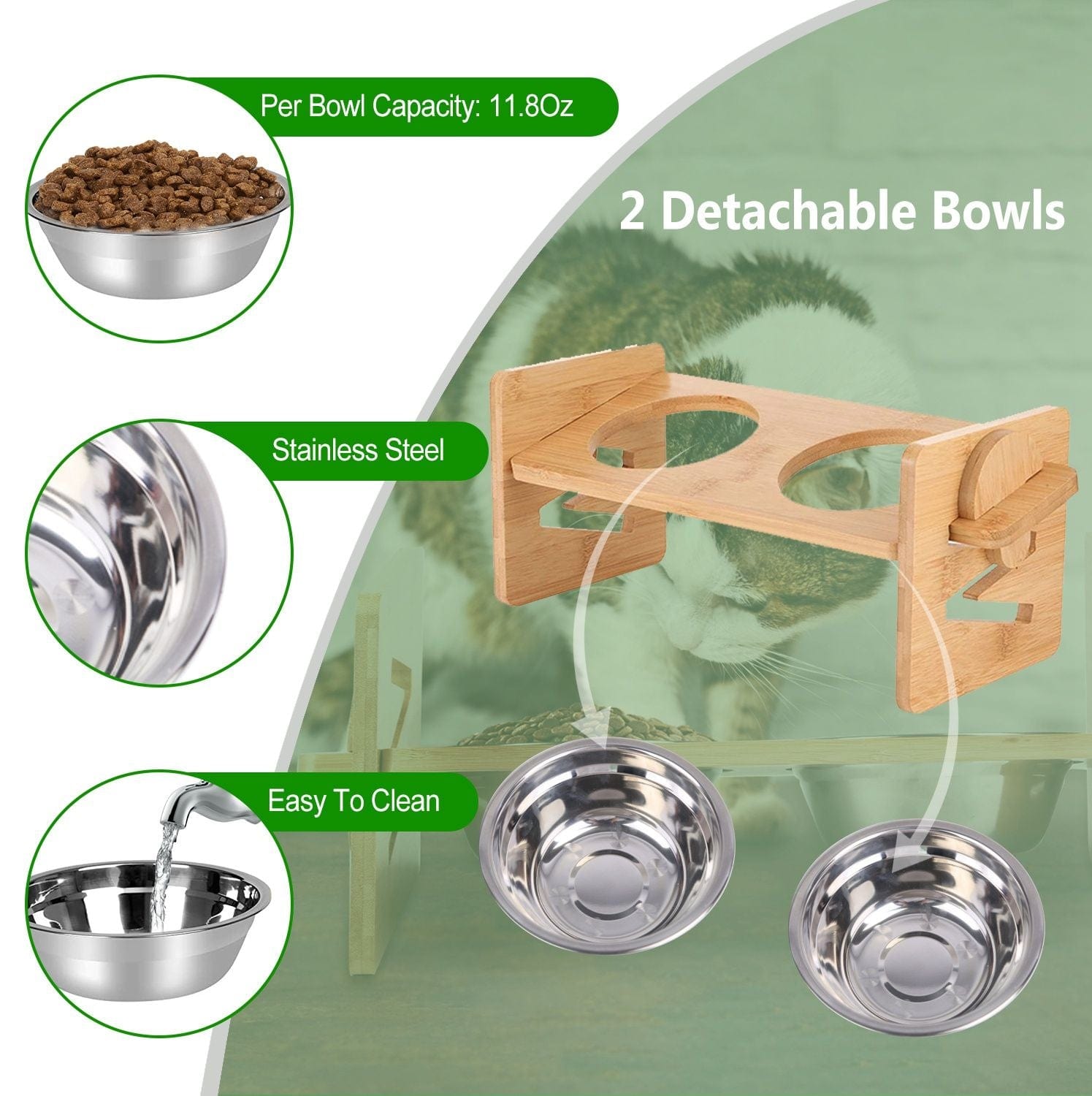 Bamboo Double Dog Raised Bowls 15 Degree Tilt Elevated Dog Bowls with 4 Adjustable Heights 2 Stainless Steel Bowls Pet Feeder for Dogs Cats Rabbits Bowls view