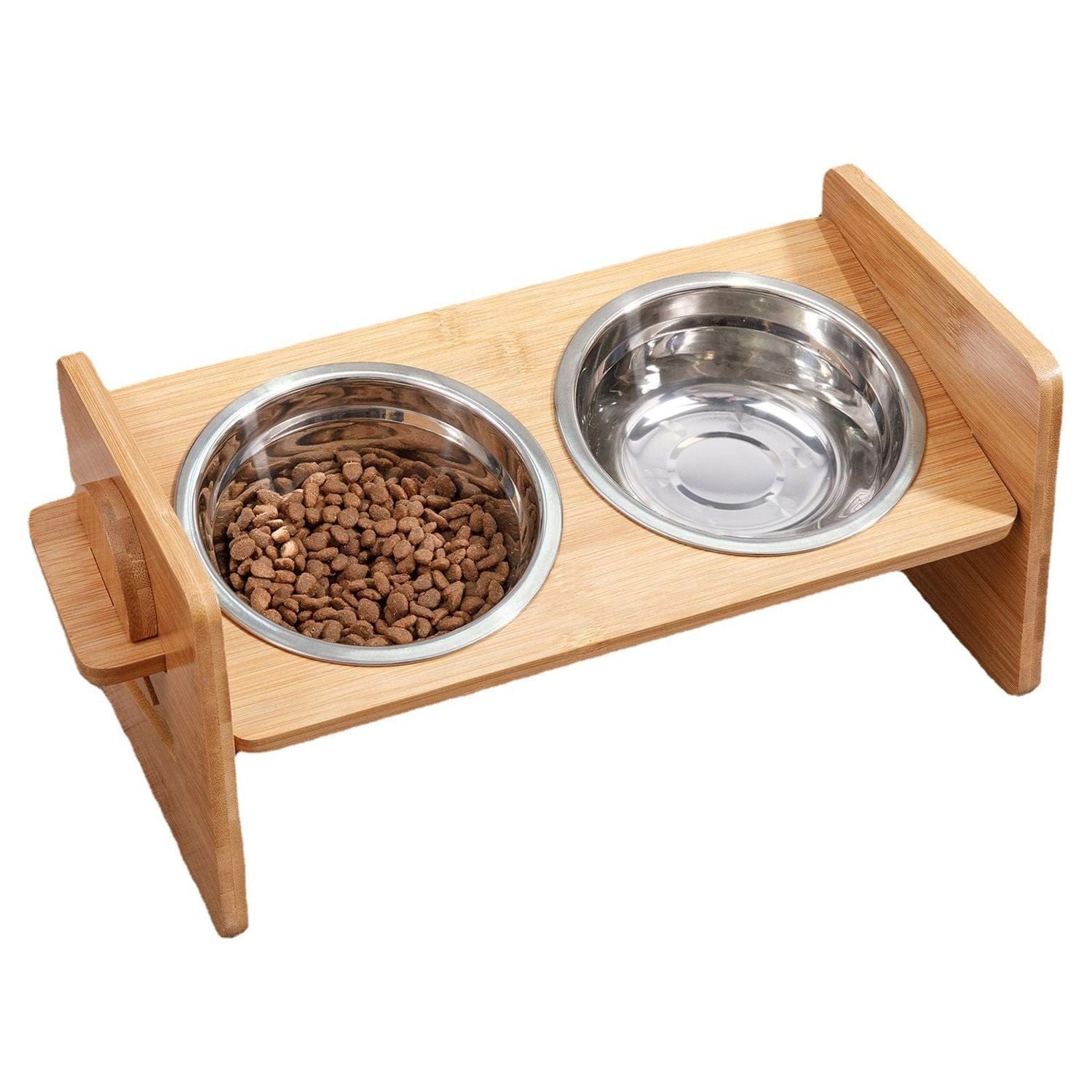 Bamboo Double Dog Raised Bowls 15 Degree Tilt Elevated Dog Bowls with 4 Adjustable Heights 2 Stainless Steel Bowls Pet Feeder for Dogs Cats Rabbits Overhead view