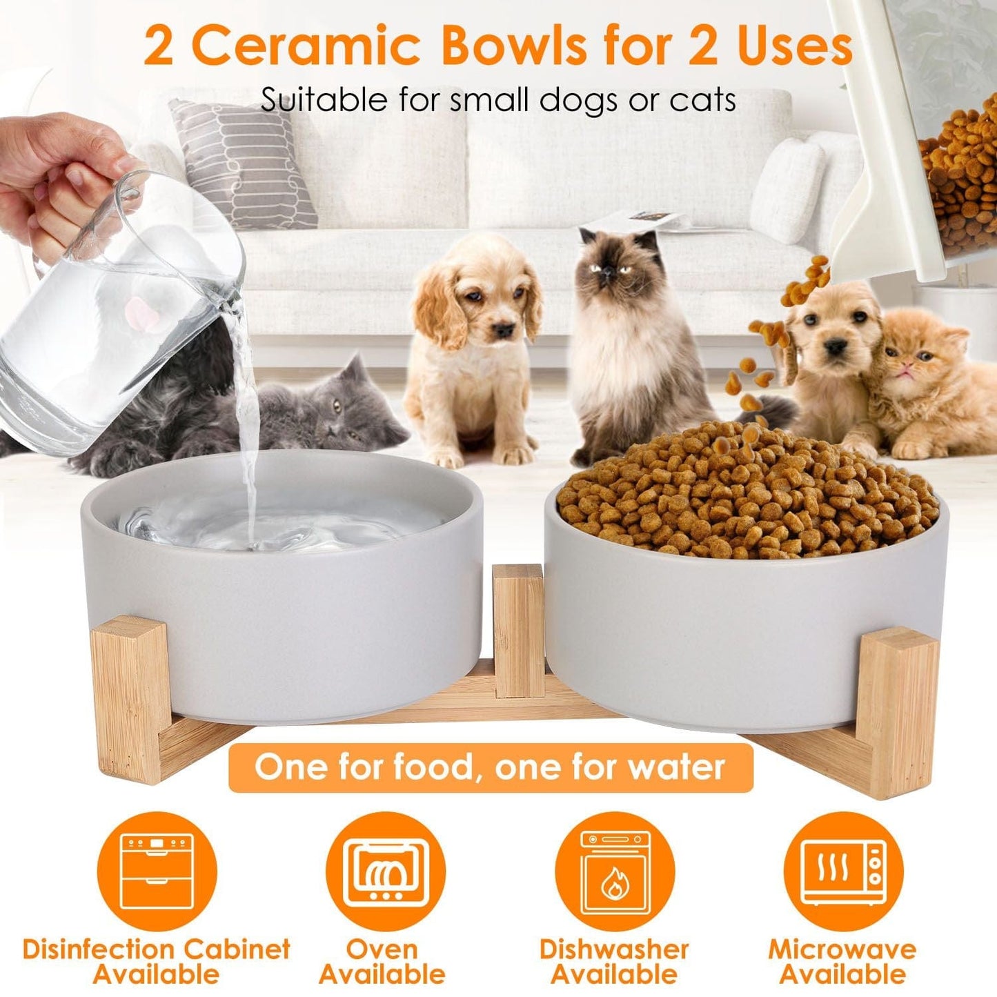 Double 28.7Oz Ceramic Pet Bowls Dog Cat Bowls with Wooden Stand Raised Pet Feeder for Small Dogs Cats With Animals