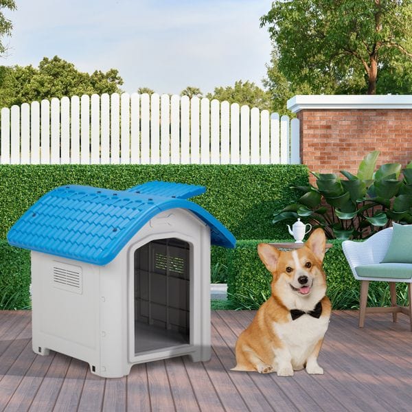 28 inch Raised Plastic Dog House, Outdoor Indoor Doghouse Pet House with Adjustable Sunroof and Elevated Base for Small Dogs, Blue & White On patio